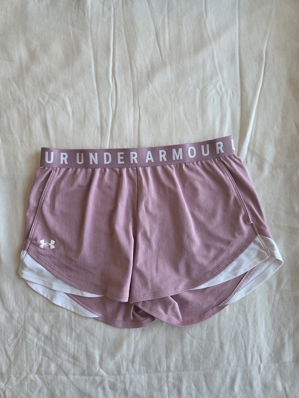 Under Armour Pink White Play Up Wordmark Elastic Waist Athletic Shorts Large